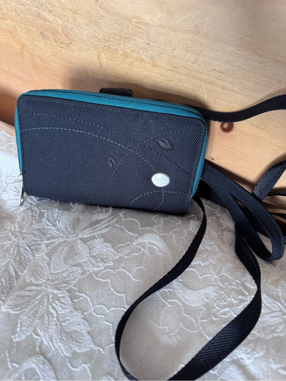 Haiku Women's Black Crossbody Wallet with Teal Trim